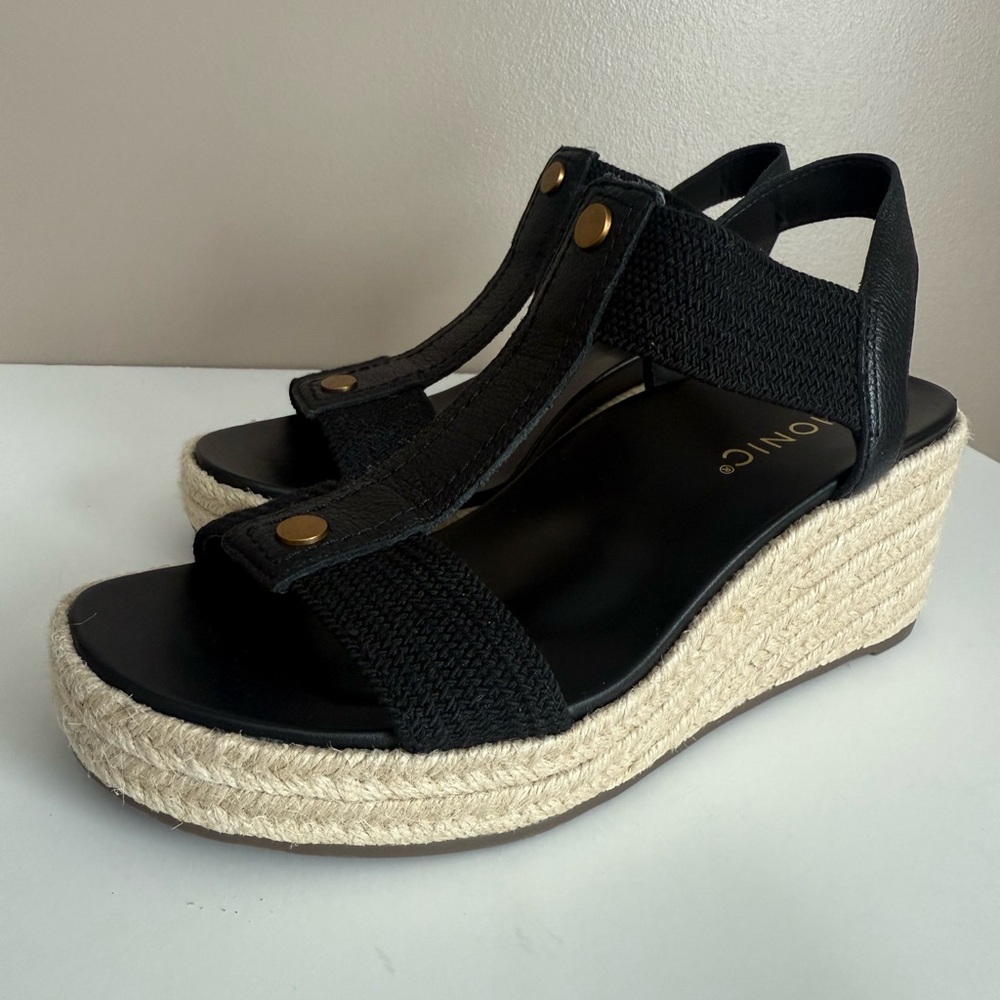 Vionic Calera Espadrille Wedge‎ Sandals Black Leather Women's 6